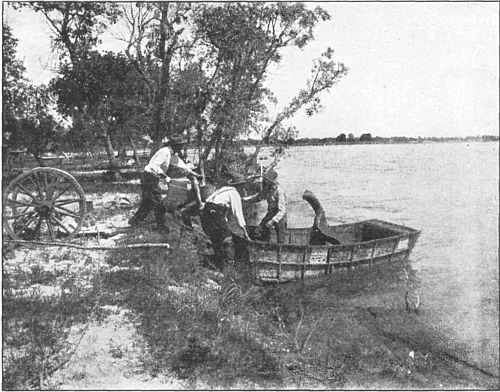 Launching the schooner to cross the river.