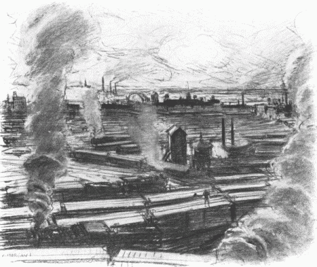 Looking down from Kersey Coates Drive, one sees ... the appalling
web of railroad tracks, crammed with freight cars, which seen through a
softening haze of smoke, resemble a relief map—strange, vast, and pictorial