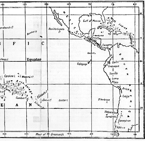 Map showing distribution of coral-reefs and active volcanoes.