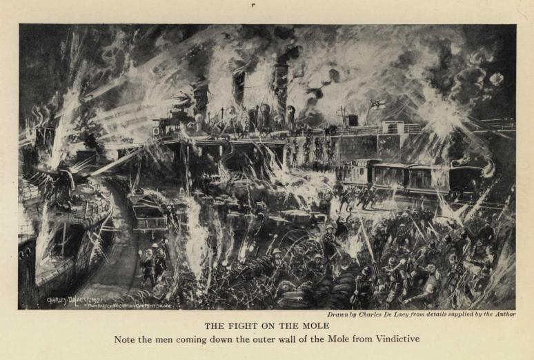 THE FIGHT ON THE MOLE. Drawn by Charles De Lacy from details supplied by the Author. Note the men coming down the outer wall of the Mole from Vindictive