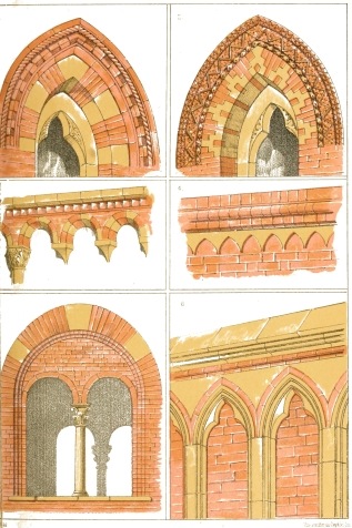 18. ITALIAN BRICKWORK:
1. 2. Windows at Verona.
3. Cornice S. Ambrogio, Milan.
4. Cornice Broletto Brescia.
5. Windows in Broletto, Monza.
6. Wall Arcade S. Fermo Maggiore.